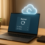 Windows laptop running backup software with external hard drive for data protection