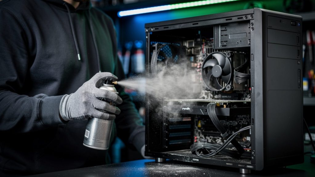 Technician blowing dust out of a desktop computer with compressed air at Turlock Computer Repair