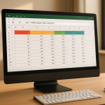 Excel spreadsheet showing formatted data table with filter buttons and structured formulas
