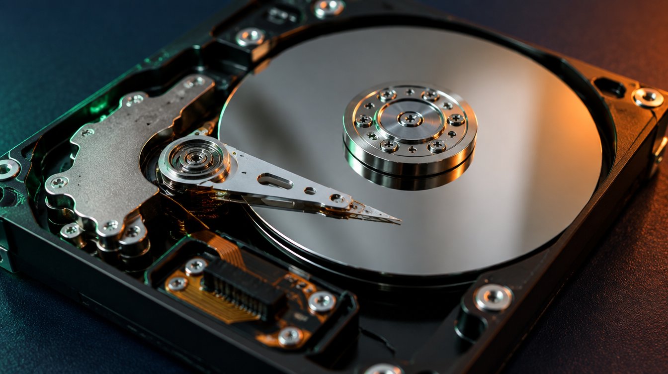 Inside of a mechanical hard drive showing the spinning platter and read arm
