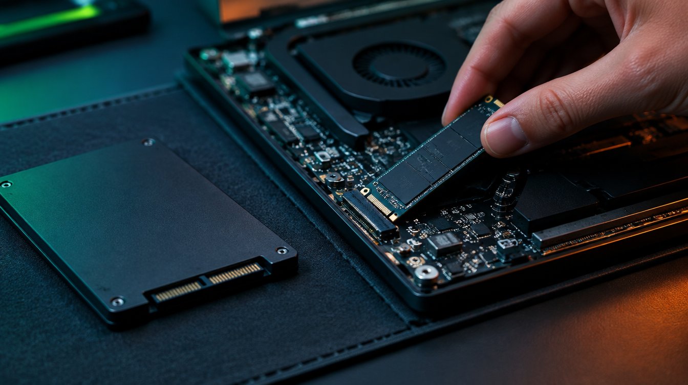 Installing an M.2 NVMe SSD into a laptop motherboard next to a 2.5-inch SATA SSD