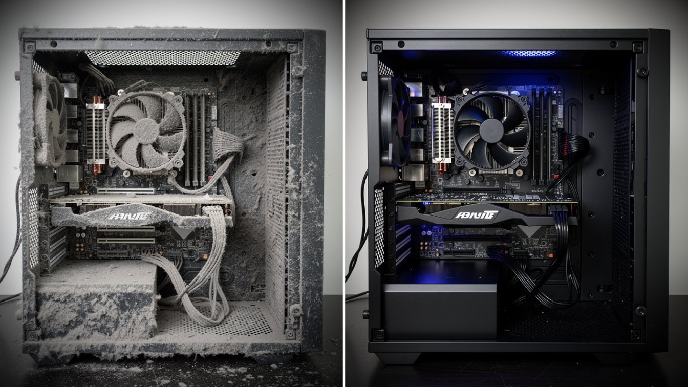 Desktop PC interior before and after dust cleaning at Turlock Computer Repair