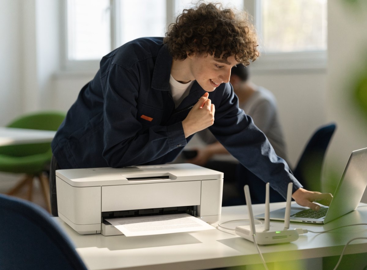 Printer setup in Turlock, CA – technician working with a printer at Turlock Computer Repair