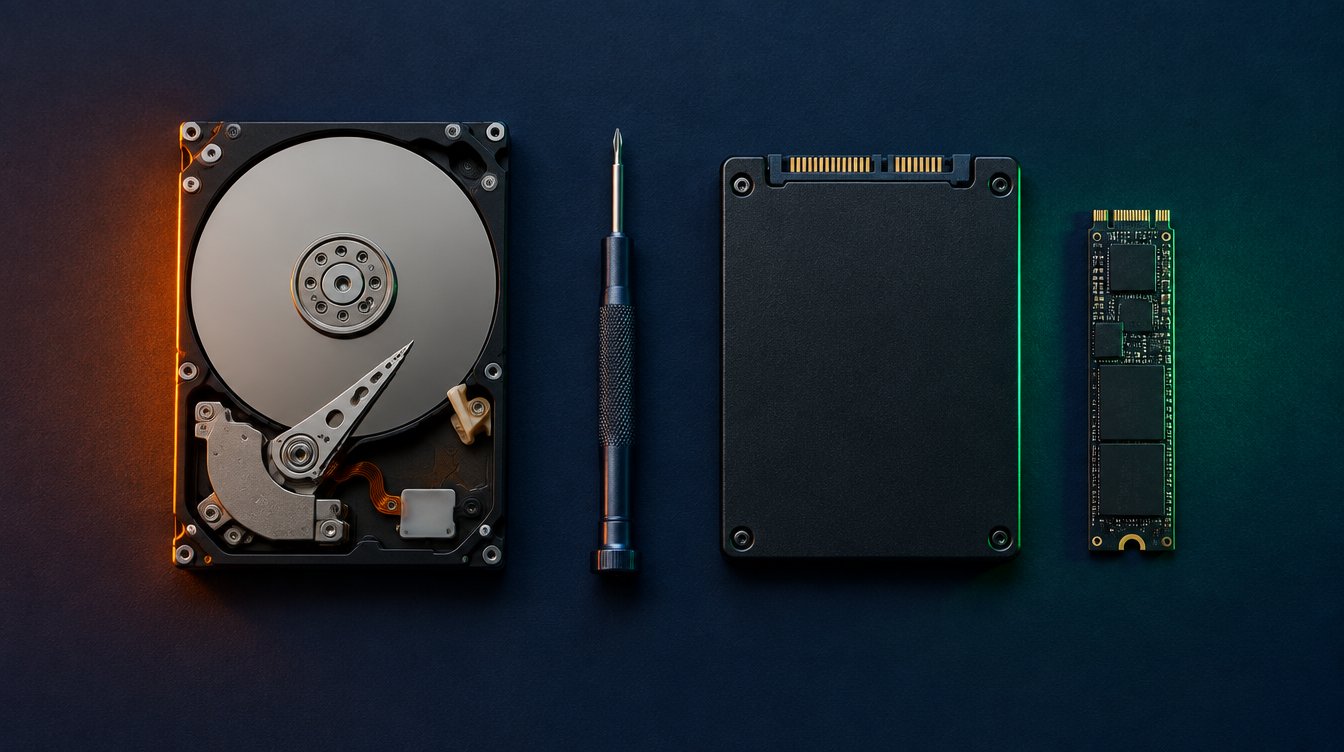 Old mechanical hard drive next to a modern SATA SSD and M.2 NVMe SSD