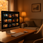Desktop computer setup ready for streaming movies in a comfortable home office