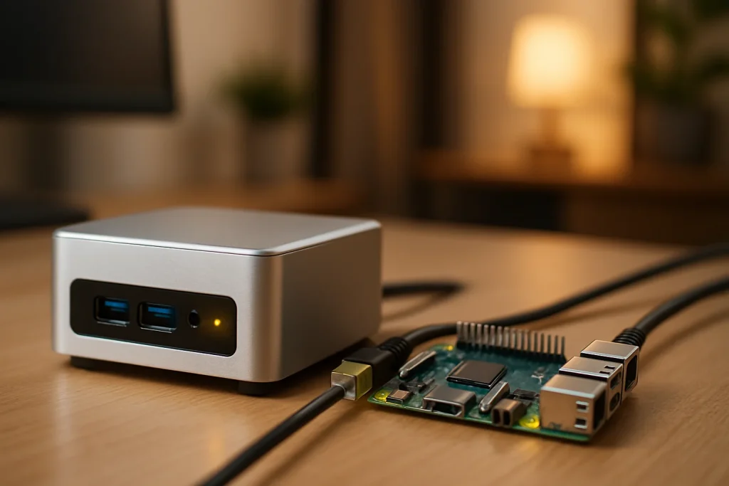 Compact mini PC and Raspberry Pi on a desk