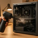 Cordless electric duster cleaning dust from desktop PC components for proper PC maintenance