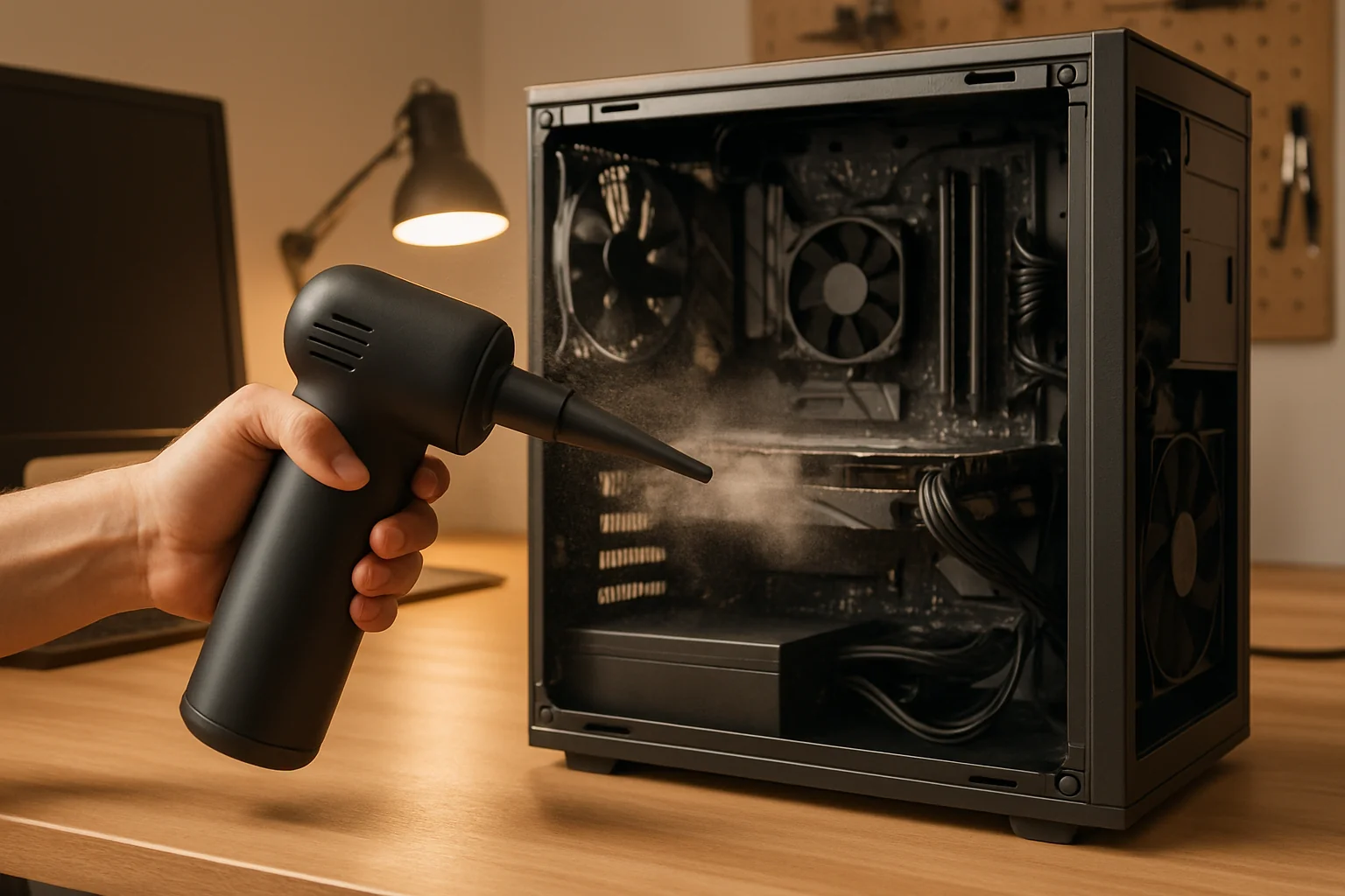 Cordless electric duster and desktop computer components