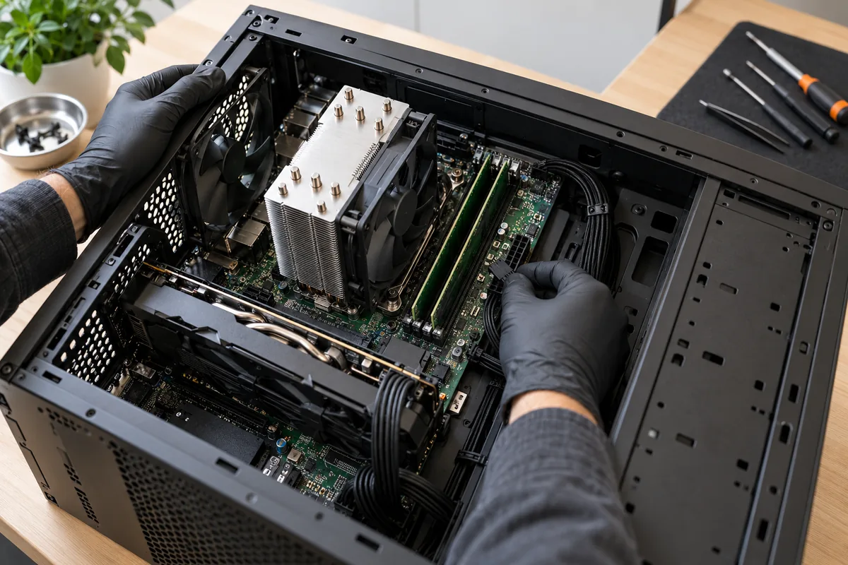 AI-generated illustration of desktop computer component installation