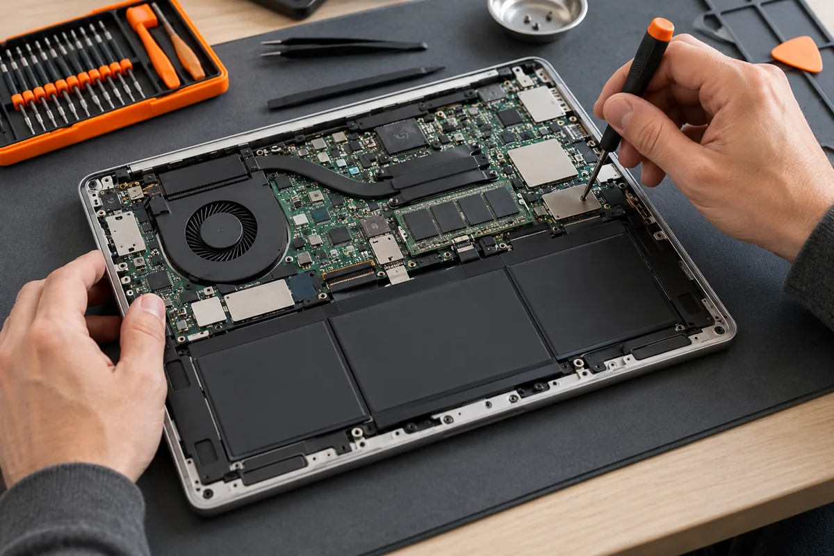 AI-generated illustration of careful laptop component inspection