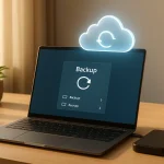 Windows laptop running backup software with external hard drive for data protection