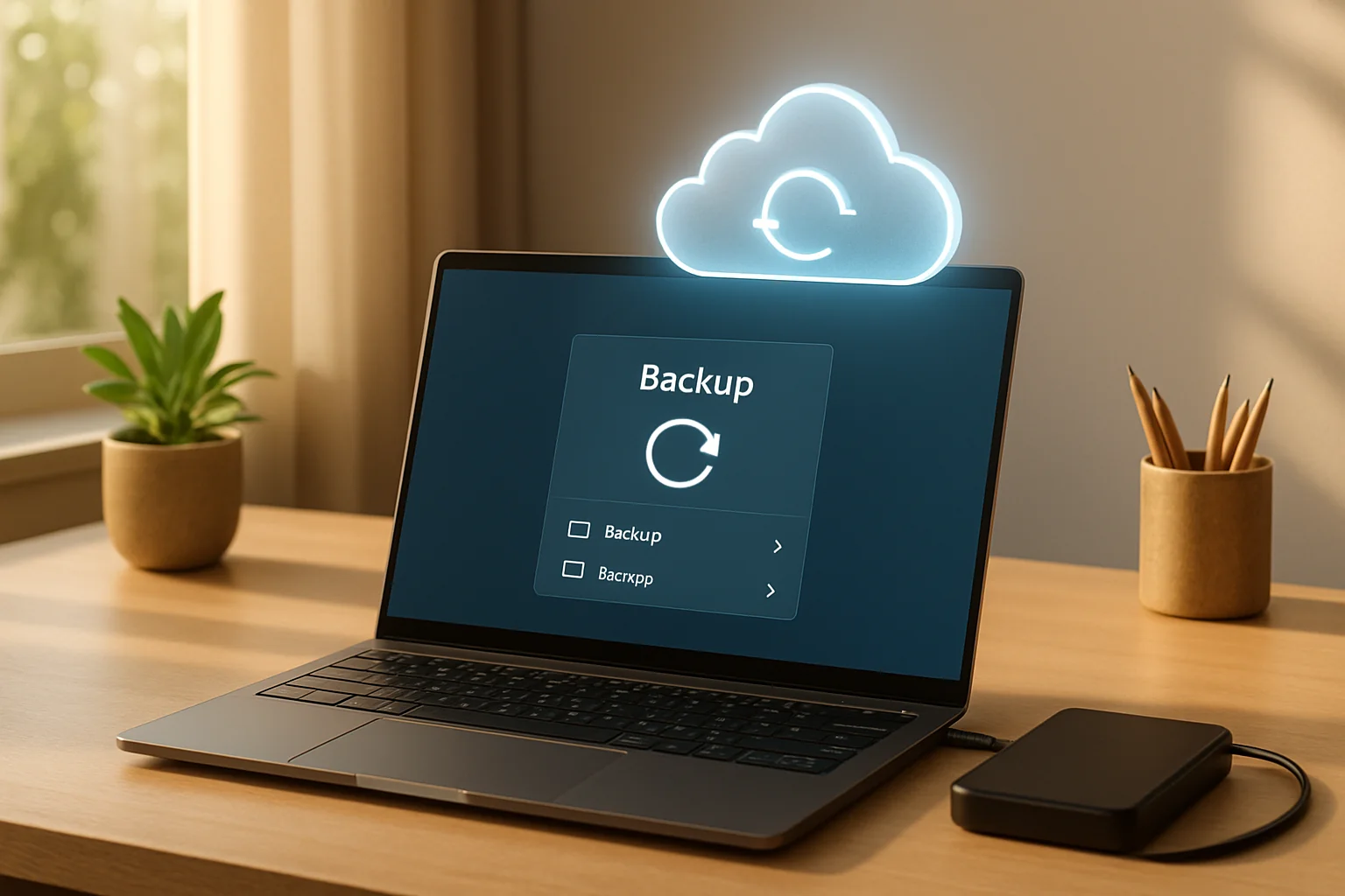 Windows laptop running backup software with external hard drive for data protection