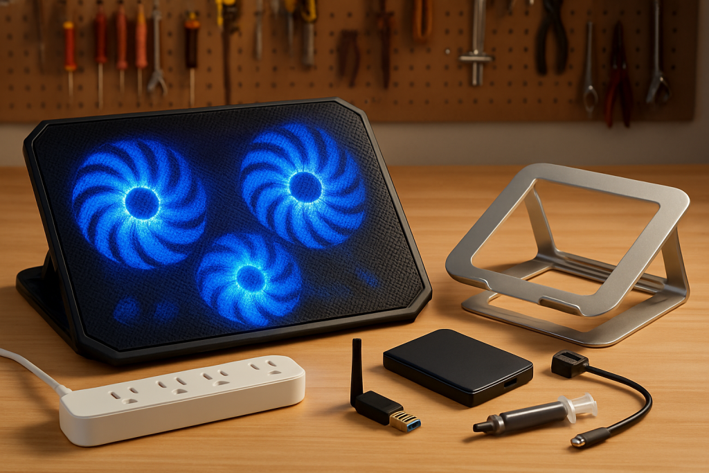 Budget PC accessories including cooling pad, SSD, and surge protector on repair shop workbench