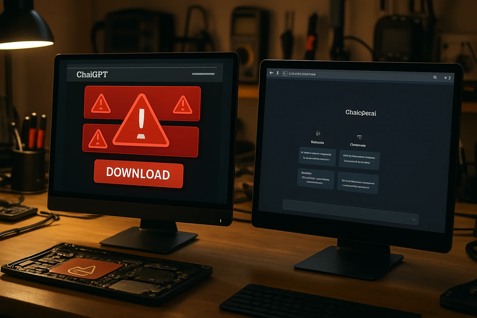 Comparison showing fake ChatGPT scam malware download page versus legitimate ChatGPT website for security awareness