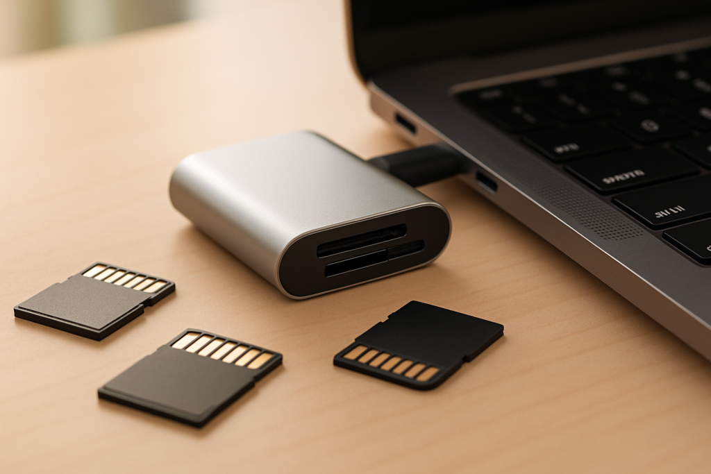USB-C adapter for SD cards connected to laptop with memory cards on desk