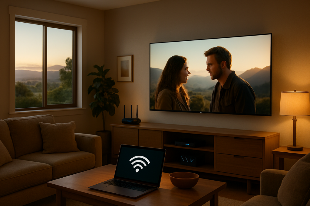 Smooth streaming setup showing TV playing movies clearly with optimized WiFi router for Paramount+ in Turlock home