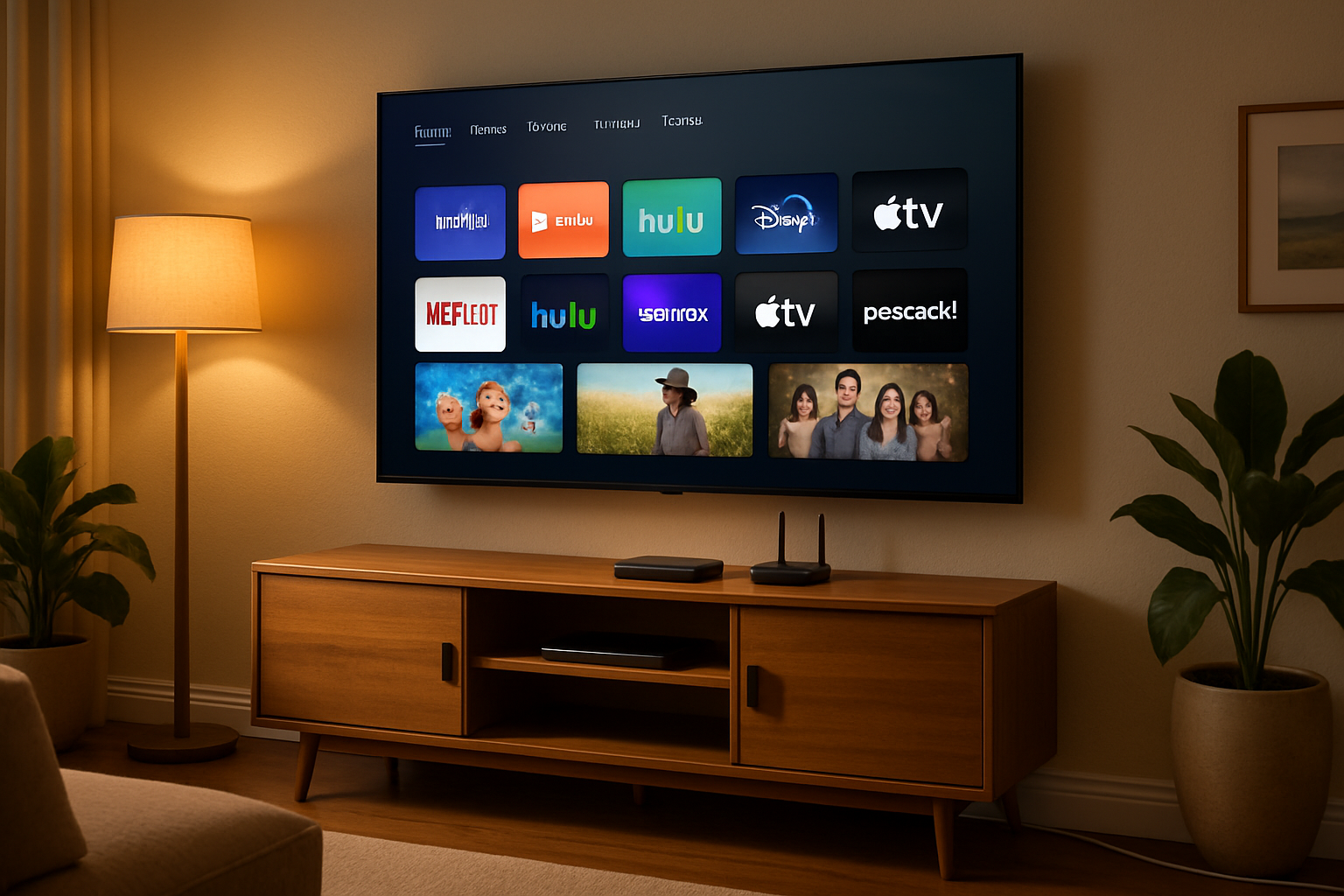 Home entertainment setup with a television and networking equipment