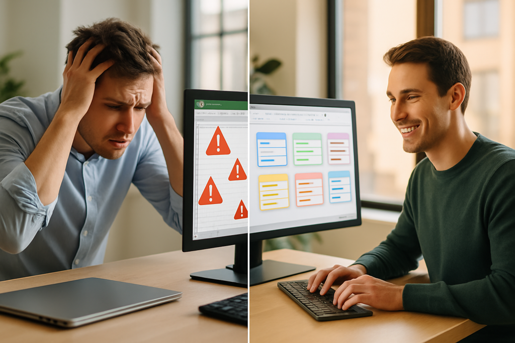 Comparison of frustrating Excel crashes versus smooth modern data management tools for messy business data