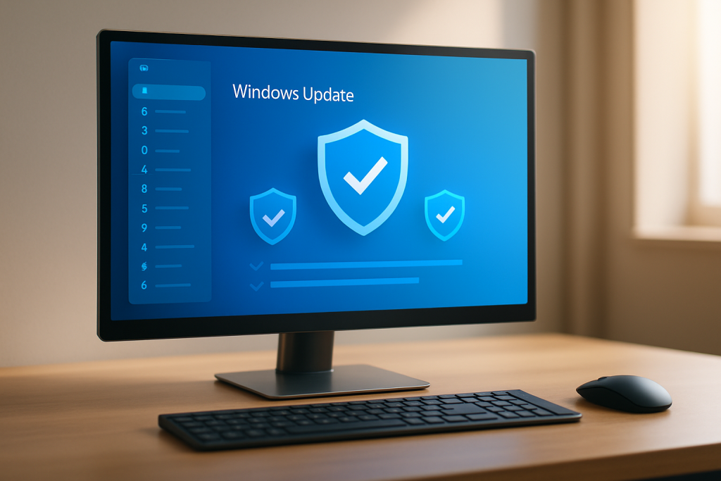 Windows computer displaying security update screen showing patched vulnerabilities and protection status